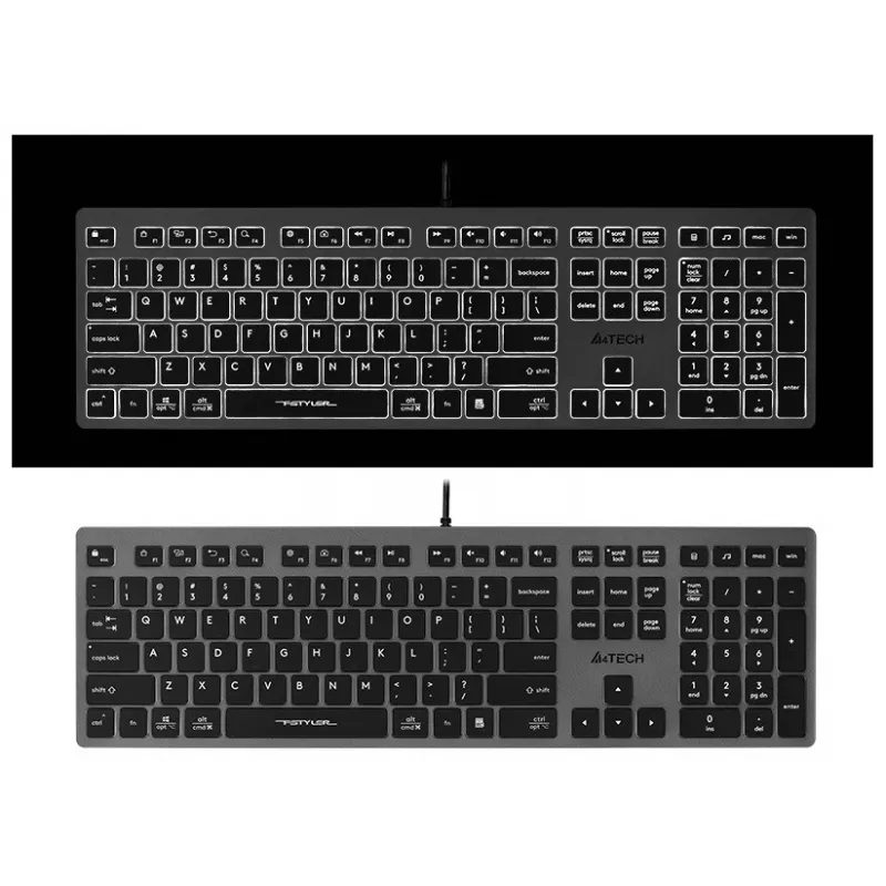 Káblová A4Tech klávesnica FX60H USB QWERTY – Full-Size 100%, podsvietená biela, sivá, USB hub