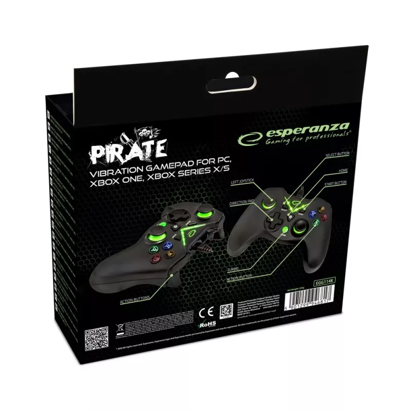 Esperanza EGG114K Pirate gamepad, USB 2.0, analógový/digitálny, pre PC, Xbox One, Xbox Series X/S, čierny