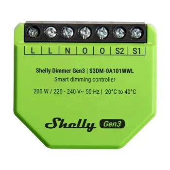 Vstavaný stmievač Shelly Dimmer Gen3 — LED max. 150W, halogén max. 200W, 220–240V, bezdrôtový, čierna/limetková
