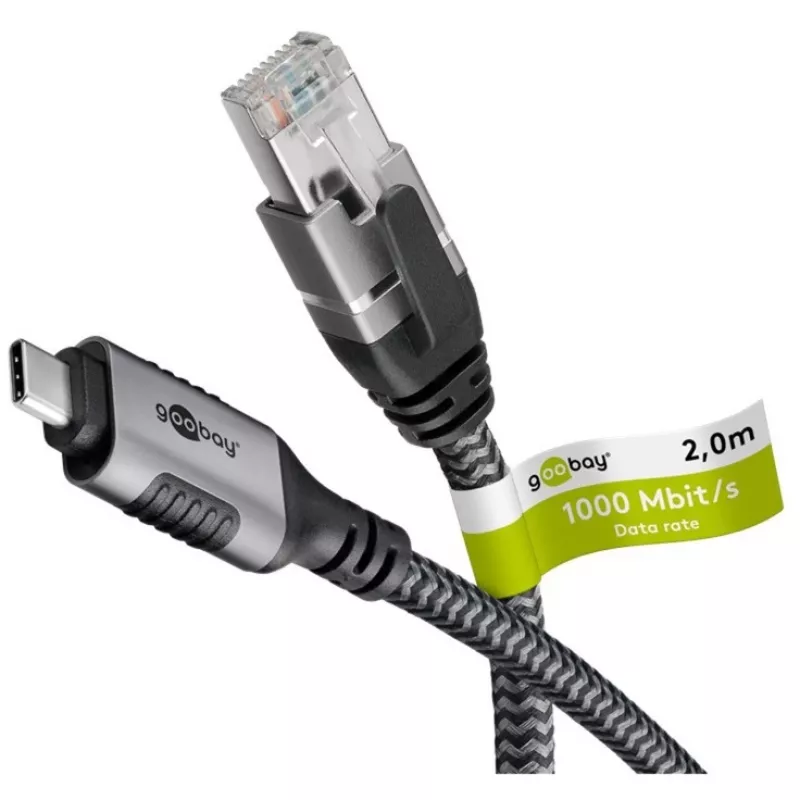 Ethernetový kábel USB-C 3.2 Gen2 konektor samec > RJ-45 konektor samec, LAN adaptér čierny/strieborný, 2 metre, pletený textilný plášť