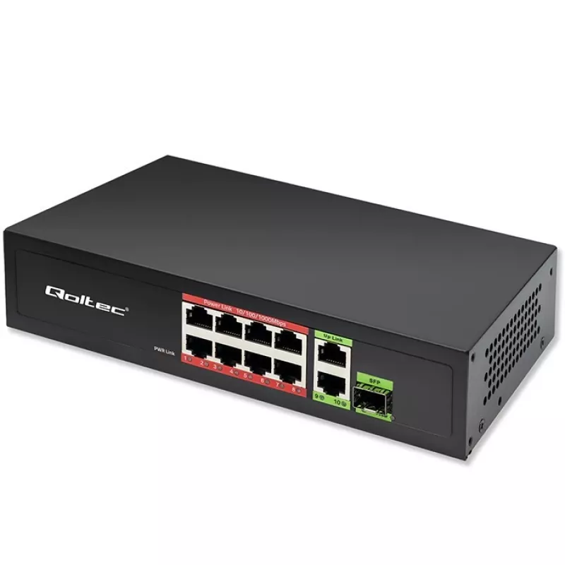 Ethernet switch QOLTEC 52297 PoE RJ45 s PoE uplink a SFP portom
