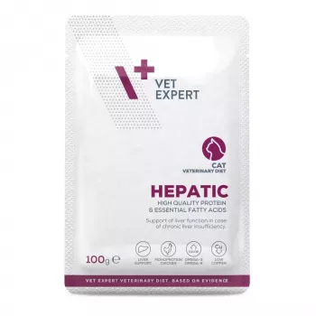 Mokré krmivo pre mačky VETEXPERT Hepatic kuracie 100 g — veterinárna diéta na podporu pečene, dospelé mačky, vlhkosť 79 %, bielkoviny 8 %