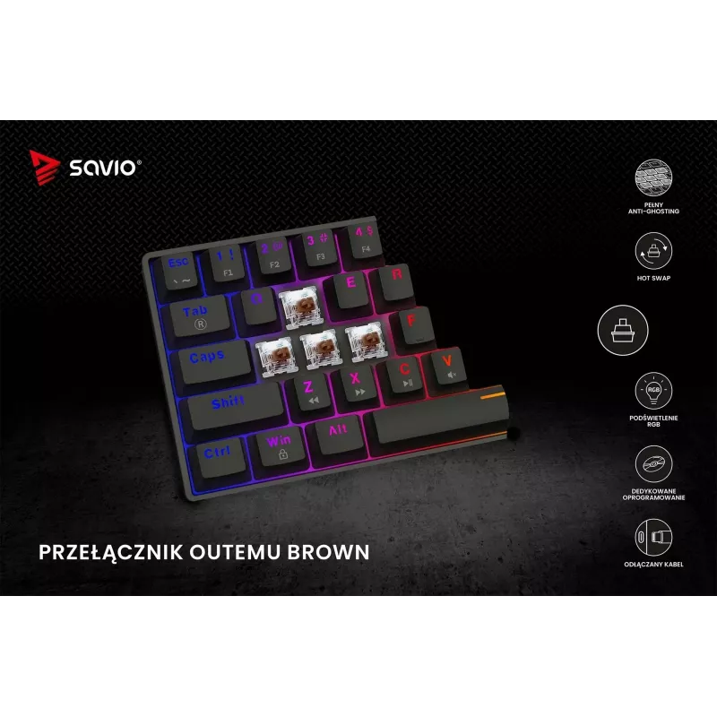 Mechanická herná klávesnica SAVIO BLACKOUT X2 BROWN 61 klávesov 60% USB QWERTY RGB Outemu Brown