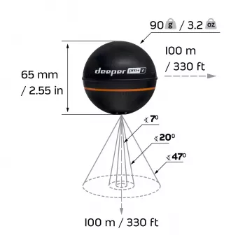 Prenosný sonar pre ryby Deeper Smart Sonar PRO+ 2 sonar 675 kHz, dosah 100 m, 65×65×65 mm, Li‑Ion 950 mAh