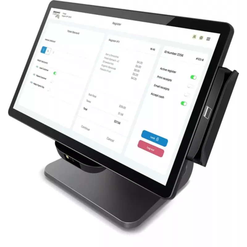 Elo E-Series 3, 8 GB RAM, 128 GB SSD, WiFi, 39,6 cm (15,6 palca), Full HD, USB, USB-C, RS232, BT, Ethernet, Intel Celeron, čierny pokladničný systém