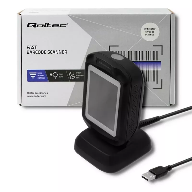 Pevný 1D/2D čítač čiarových kódov QOLTEC 50864, LED senzor, USB (káblový), čierny, 145×85×80 mm