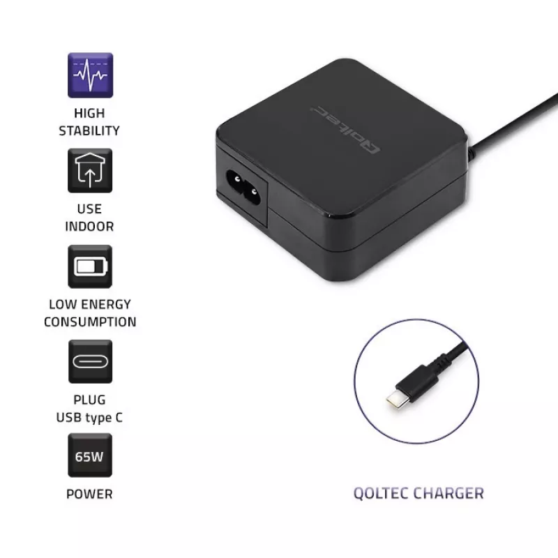 Qoltec 51027 nabíjačka | 65W | 5-20,3V | 2-3,25A | USB Type-C | PD
