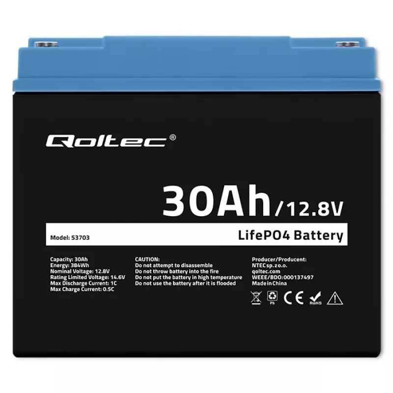 Nabíjateľná batéria LiFePO4 QOLTEC 12,8V 30Ah 384Wh s BMS