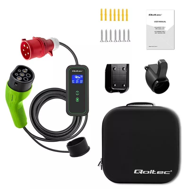 Qoltec mobilná nabíjačka pre elektromobily nastaviteľná 2v1 Type2 | 11kW | CEE 5 PIN | LCD | 3 fázy | prenosná | wallbox | 5m