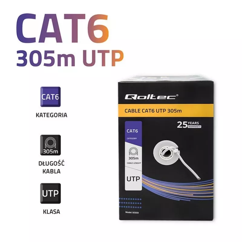 Qoltec 50359 Cat.6 UTP kábel, 305 m, sivý, PVC