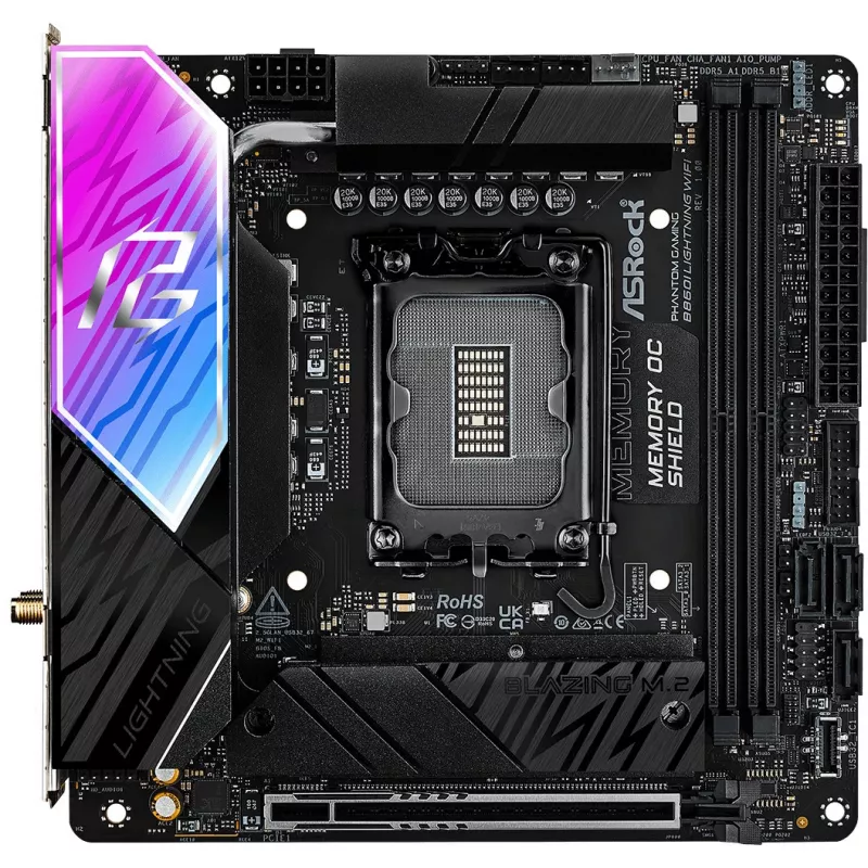 Základná doska ASROCK B860I Lightning WiFi — Intel B860, LGA 1851, Mini-ITX, DDR5, 2x DIMM, 4x M.2, 2.5Gb LAN, Wi‑Fi 6E, Bluetooth 5.3