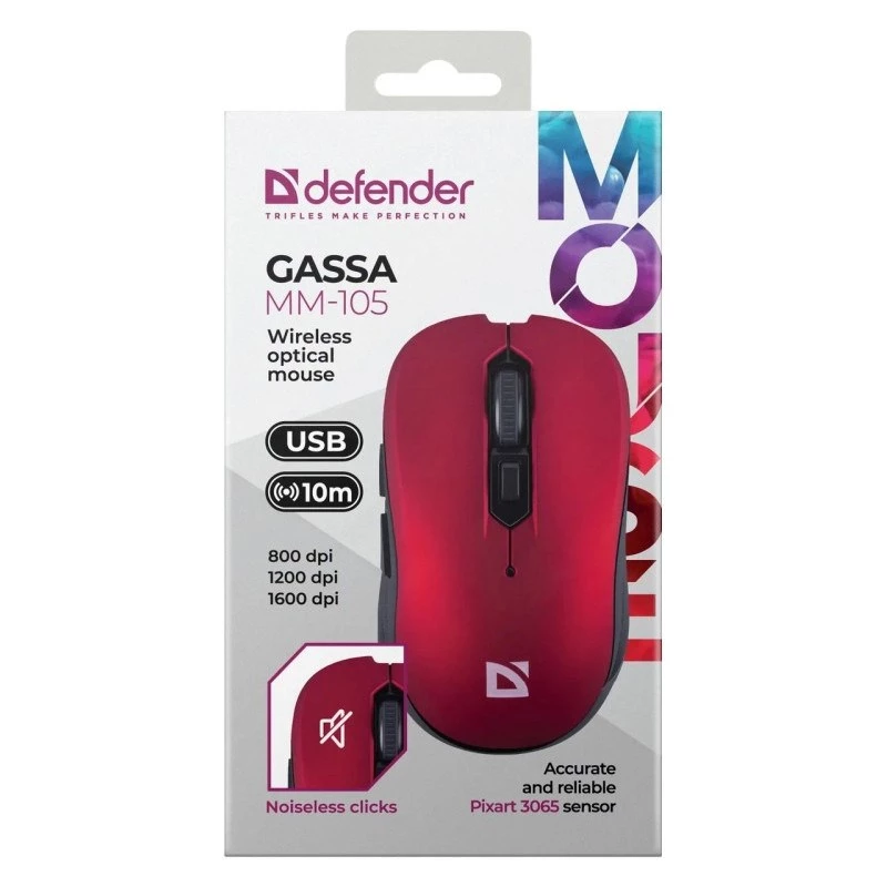 Bezdrôtová RF tichá myš DEFENDER Gassa MM-105 — obojručná, 1600 DPI, 2,4 GHz, nano USB prijímač