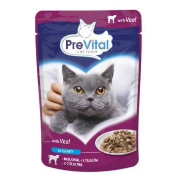 Mokré krmivo pre mačky PREVITAL teľacie v omáčke 100 g — dospelé mačky, 82 % vlhkosti, 9 % bielkovín, 5 % tuku