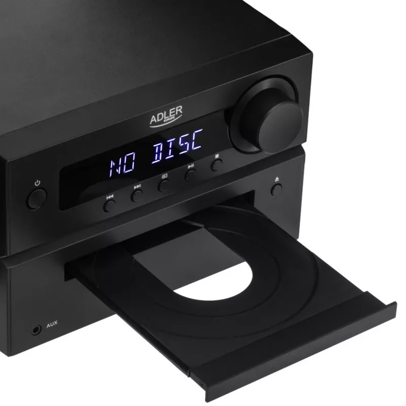 Mini Hi‑Fi stereo systém Adler AD 1917 — Bluetooth V5.3, CD/USB/MP3, 2×25 W RMS, FM tuner, 4‑pásmový ekvalizér, AUX, čierny