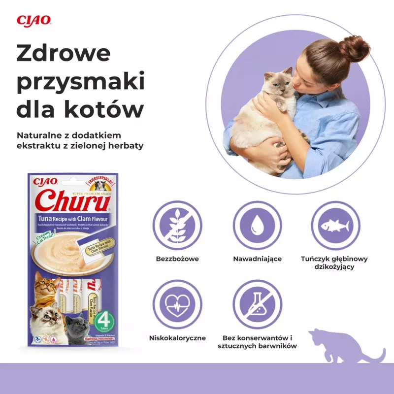 INABA Churu tuniak s príchuťou mušlí – mačacie maškrty – 4x14 g