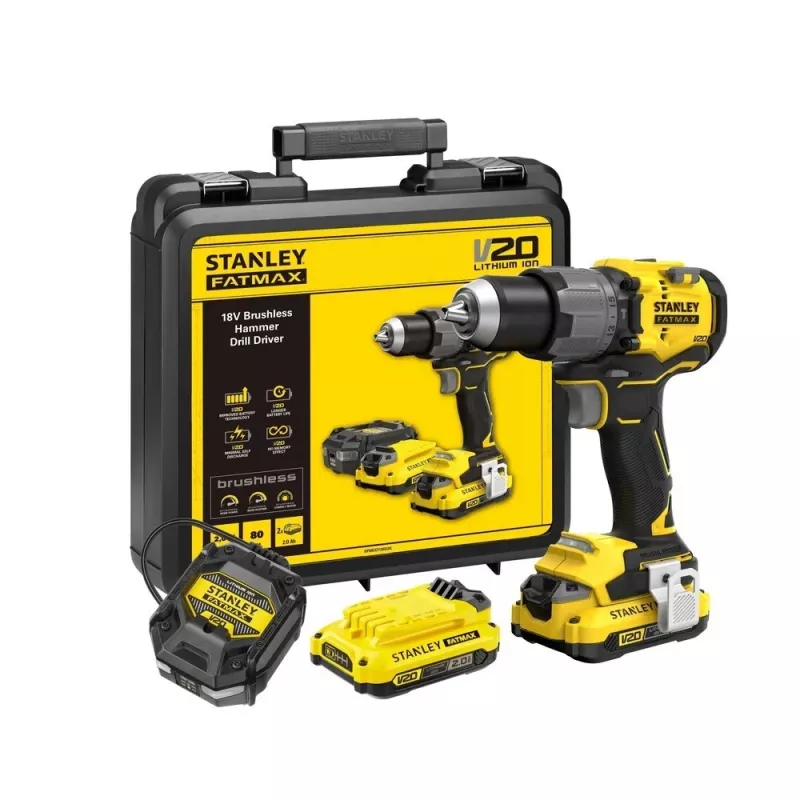 Akumulátorový vŕtací skrutkovač STANLEY FatMax V20 SFMCD726D2K 18V, 2x 2Ah Li-Ion, 80 Nm, 2-stupňový, LED