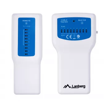 PoE tester LANBERG NT-0402 — PoE tester sieťových káblov s podporou RJ-45/RJ-11, LED indikátory, prevádzková LED, vypínač