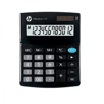 Stolná kalkulačka HP OC 112 — 12-miestny LCD, batéria/solár, čierna, 101×125×33 mm