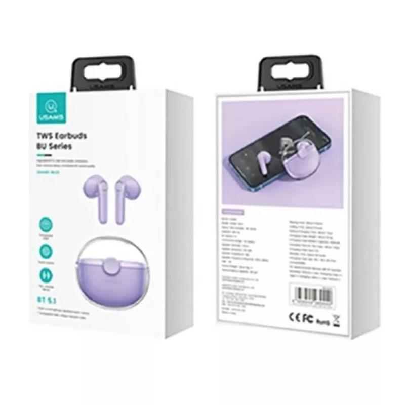 (Fialová, Bluetooth Headphone 5.1) USAMS Bluetooth Headphone 5.1 Wireless TWS Earphone Touch Control Earbuds Waterproof Sport Headsets Noise Reduction