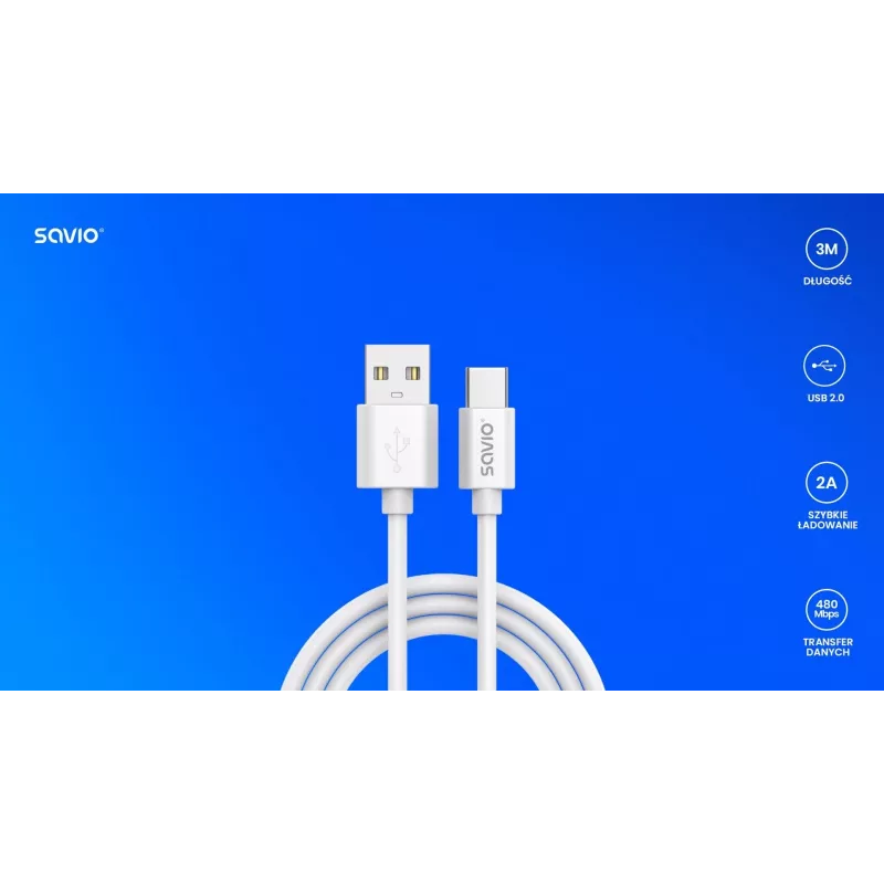 USB 2.0 kábel SAVIO CL-168, USB A (konektor samec) na USB C (konektor samec), 3 m, biely