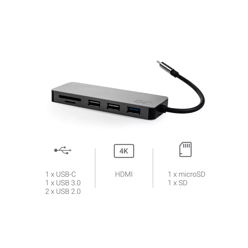 Green Cell AK50 - USB 3.2 Gen 1 (3.1 Gen 1) Type-C - USB 2.0 - USB 3.2 Gen 1 (3.1 Gen 1) Type-A - USB 3.2 Gen 1 (3.1 Gen 1) Type-C - MicroSD (TransFlash) - SD - strieborná - Apple MacB
