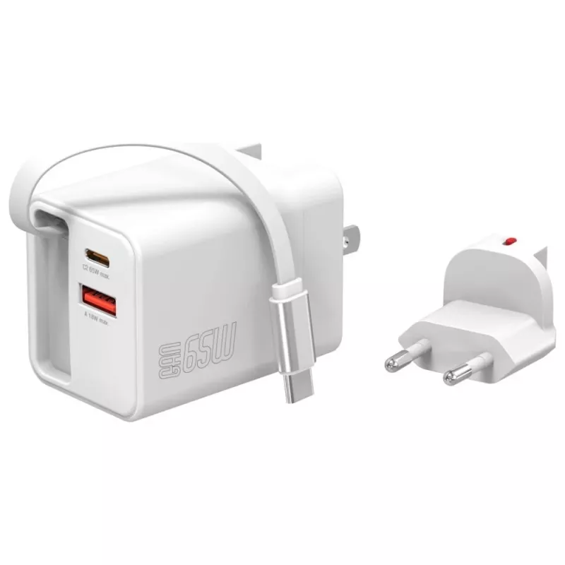 4smarts 541065 GaN Flex Jojo 65W sieťová nabíjačka, 2x USB-C PD + USB-A QC 3.0, zaťahovací USB-C kábel, 100-240V, biela