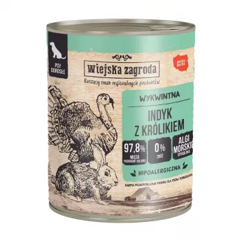 Mokré krmivo pre psy wiejskazagroda moriak s králikom 800 g — kompletné krmivo moriak a králik v konzerve