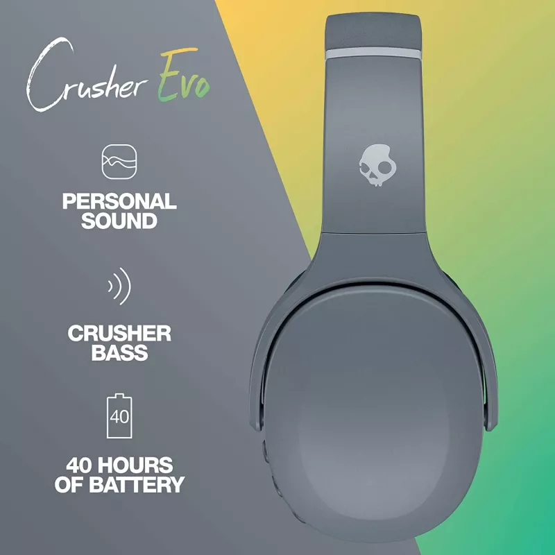 Slúchadlá Skullcandy Crusher Evo — káblové & Bluetooth, sivé, 40 hod. batéria, USB-C, AUX, skladacie
