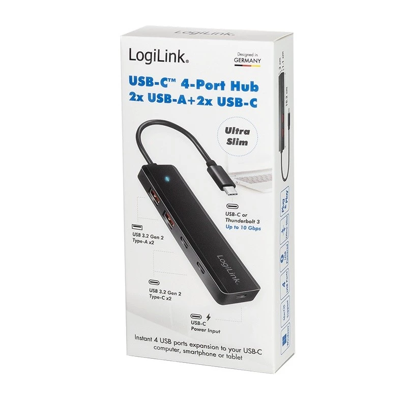 Hub USB-C, 4 porty 2x USB-A, 2x USB-C, čierny