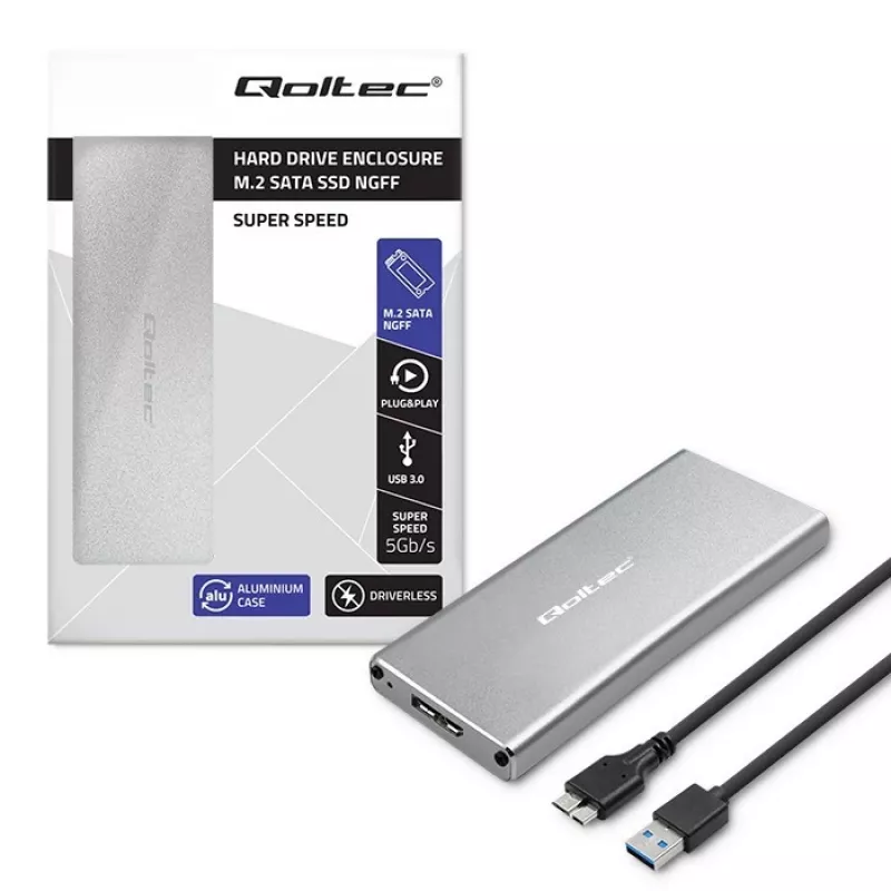Hliníkové puzdro QOLTEC 51833 pre M.2 SSD, SATA na USB 3.0, podporuje až do 2 TB