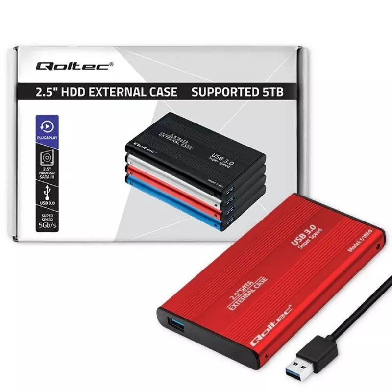 Puzdro na HDD/SSD QOLTEC 51860 pre 2,5-palcové SATA-III disky, USB Type-A, 5 Gbit/s, hliník, červená