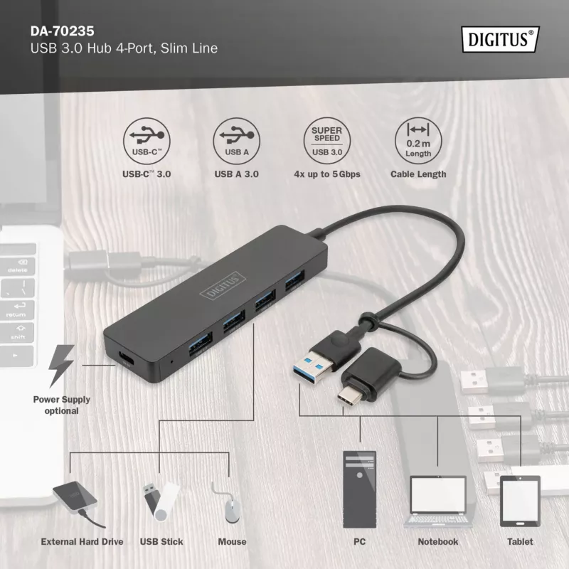 USB hub, Digitus, DA-70235, 4-portový, USB 3.2 Gen 1, Type-A a Type-C, 12000 Mbit/s
