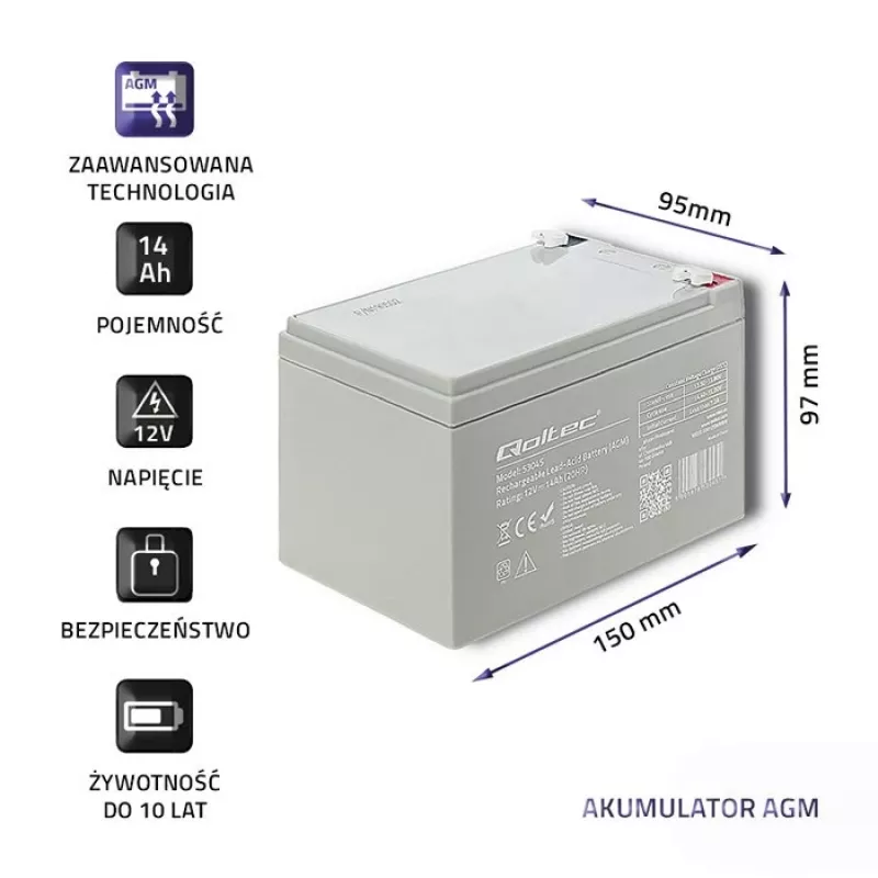 Qoltec 53045 AGM batéria 12V 14Ah