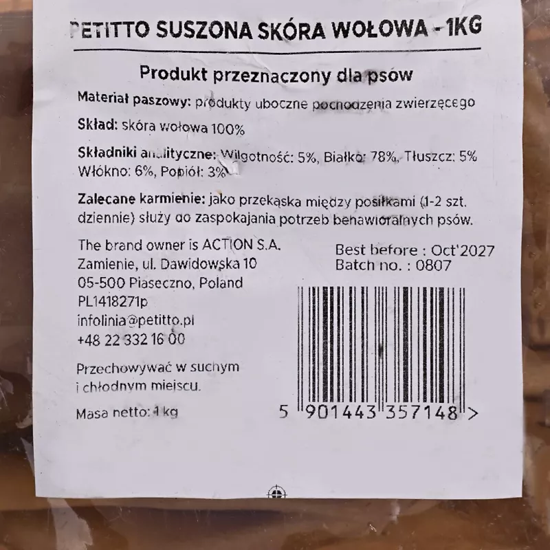 Psí pamlsek PETITTO sušená hovädzia koža, 1 kg balenie