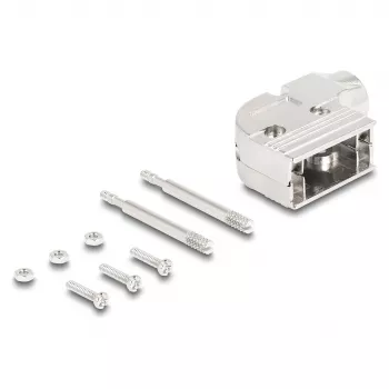 DELOCK D-Sub puzdro 9-pólové zahnuté 90° odľahčenie kábla, strieborný plast, 33×47×16 mm