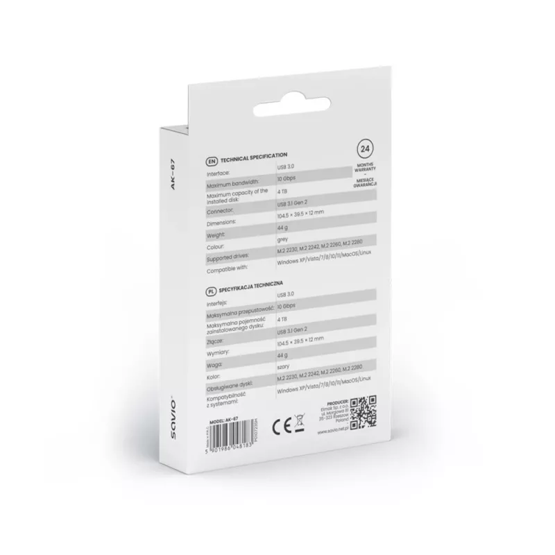 Puzdro na M.2 SSD SAVIO AK-67 sivé, USB 10 Gbit/s, podpora pre jednotlivé M.2 disky