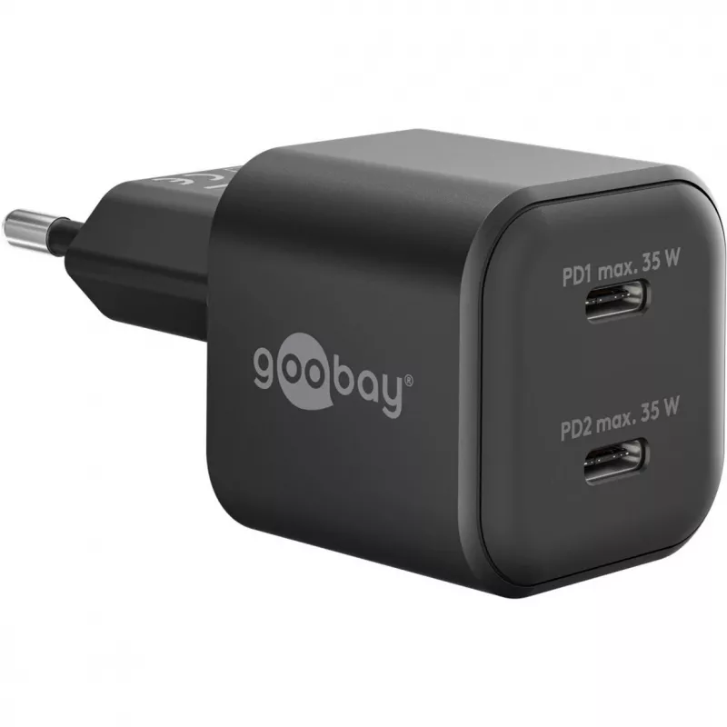 Nástenná nabíjačka GOOBAY 75333 — univerzálna AC-USB-C nabíjačka do interiéru, 2x USB-C, 35 W, čierna