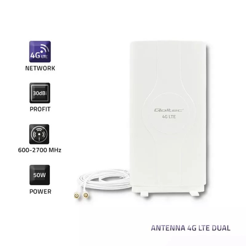 Qoltec 57013 všesmerová 4G LTE vnútorná anténa, 2x SMA, 0,6-2,7 GHz, 30 dBi, vertikálna polarizácia, 50 Ω, biely ABS