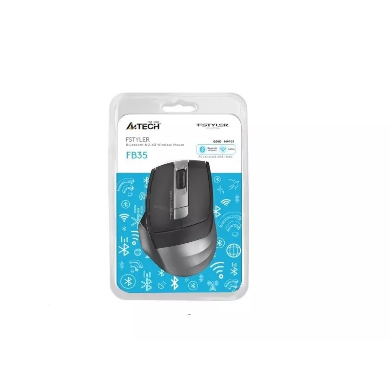 Bezdrôtová myš A4Tech FB35 (model 46717) – Bluetooth + 2,4 GHz, 2000 dpi, 6 tlačidiel, sivá