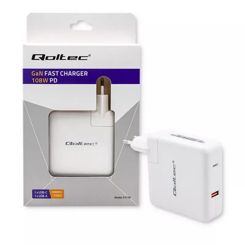Qoltec GaN nabíjačka FAST 108W | 5-20V | 3-4.7A | USB C | biela