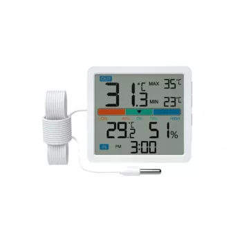 Teplomer‑vlhkomera MANTA MTO002W s vonkajším senzorom (150 cm), vnútri 0–+50°C, vonku -40–+70°C, vlhkosť 20–95% RH, indikátor komfortu, hodiny