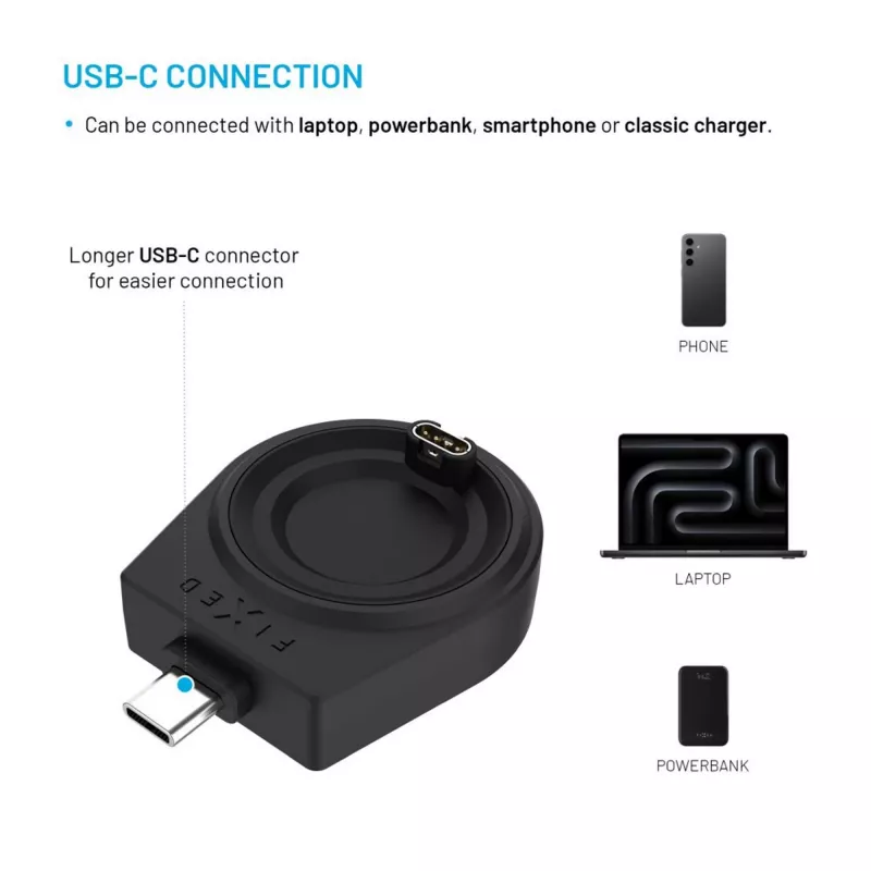 USB-C nabíjací adaptér FIXED pre Garmin Fenix/Epix/Venu/Vívoactive – kompatibilné modely uvedené