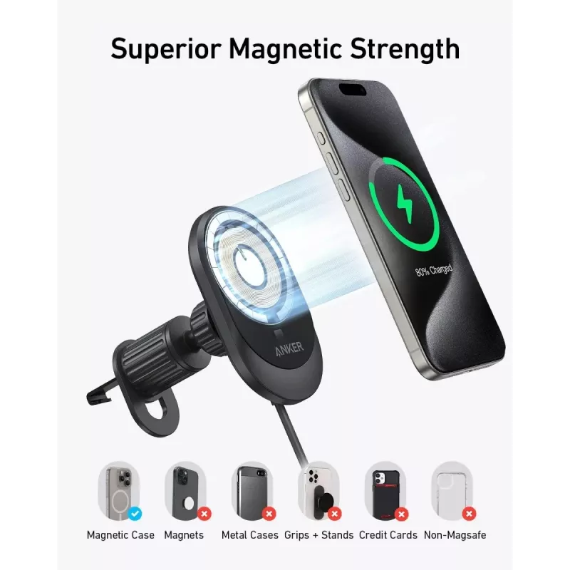 Bezdrôtová magnetická autonabíjačka Anker MagGo 15W — magnetické 15W Qi rýchlonabíjanie pre smartfóny, čierna