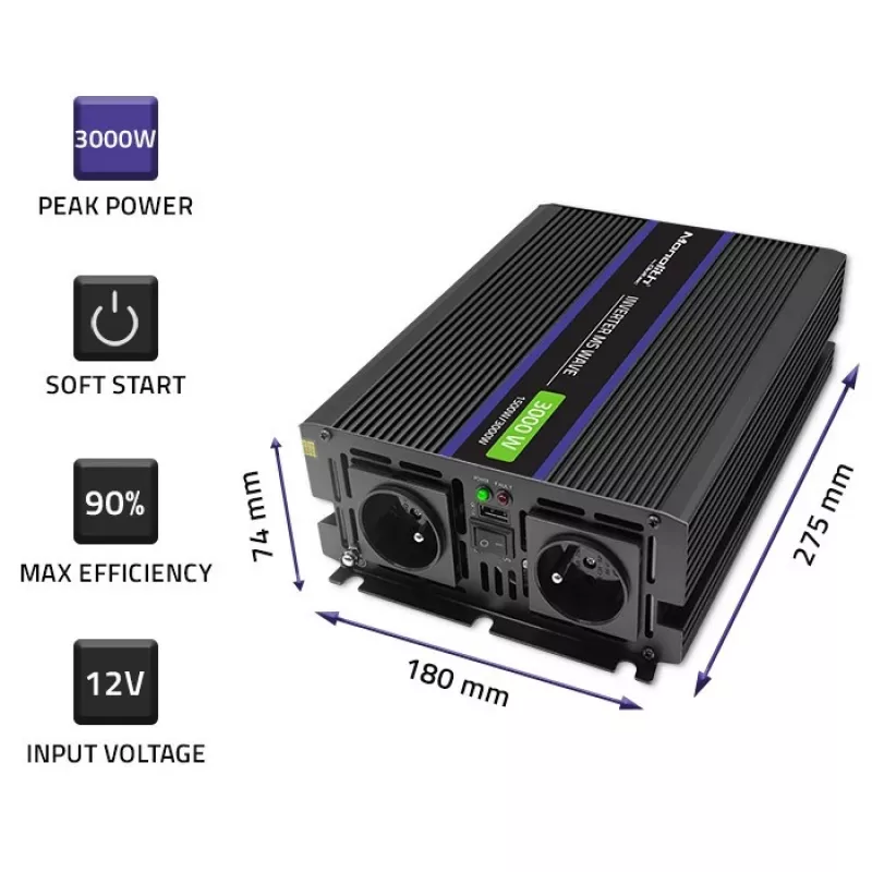Invertor QOLTEC Monolith 3000 MS Wave, 12V→230V, 1500/3000W, s USB