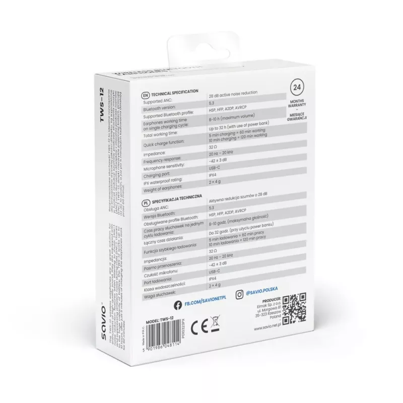 SAVIO In-Ear-TWS headset TWS-12, Bluetooth 5.3, integrovaný mikrofón, čierny