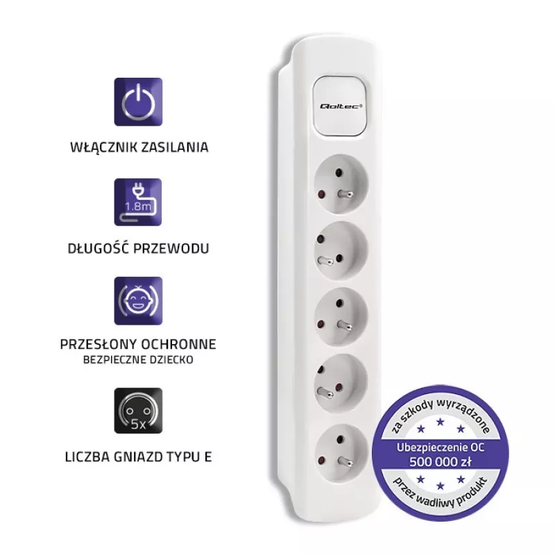 Predlžovací kábel Qoltec 50276 1,8 m 5 AC zásuviek interiér biely