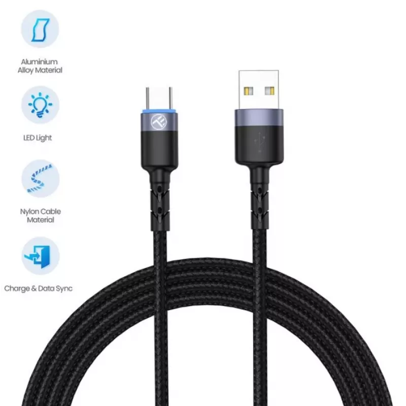 Dátový kábel Tellur USB na Type-C LED nylonový oplet 1,2 m čierny