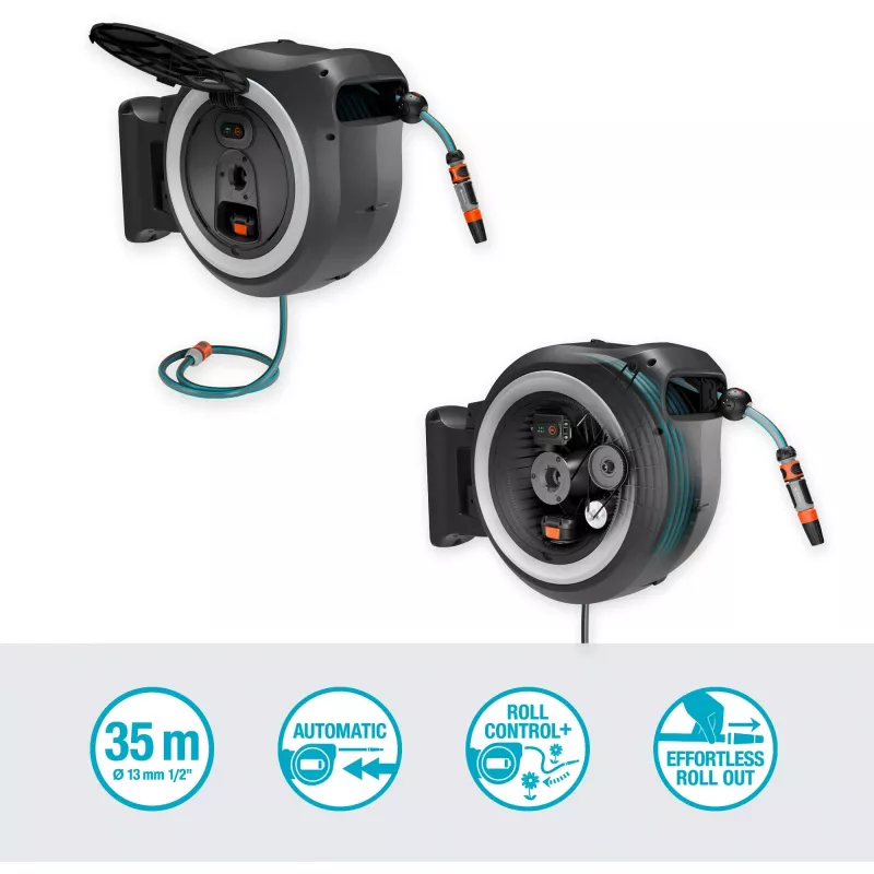 Gardena 18642-20 PowerRoll XL 18V P4A akumulátorový nástenný box na hadicu, set, 35 m, sivý/biely