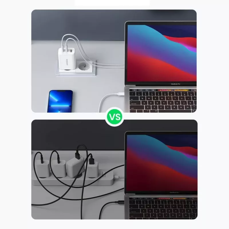 Nástenná nabíjačka UGREEN CD275 2× USB Type-C 65W biela — Dual-USB-C 65W rýchle nabíjanie, 100–240V vstup