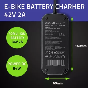 Nabíjačka na e-bike QOLTEC 50332 — výstup 36V/42V, 2A, konektor 5,5×2,1 mm